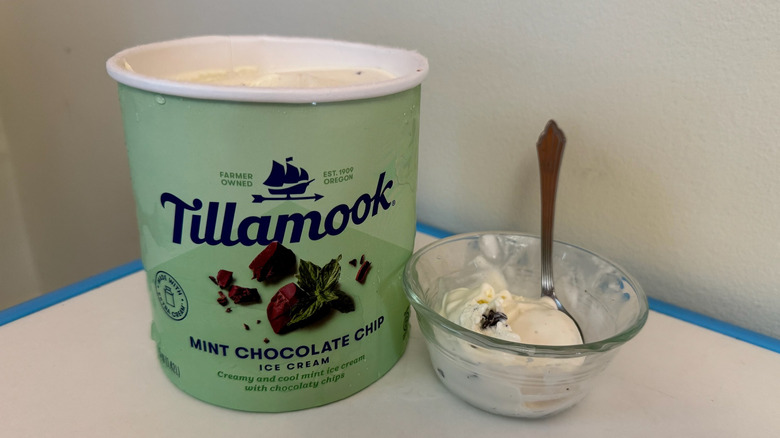 Tub and bowl of Tillamook Mint Chocolate Chip Ice Cream