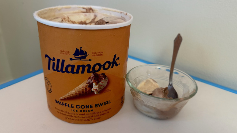 Tub and bowl of Tillamook Waffle Cone Swirl Ice Cream