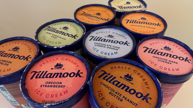 overhead view of various Tillamook ice cream tubs