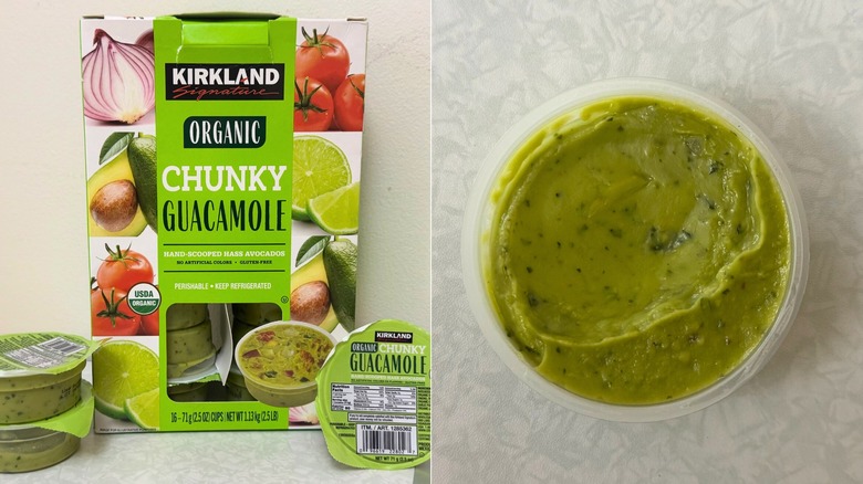 Box and small cups of Kirkland Signature Organic Chunky Guacamole beside small, filled cup