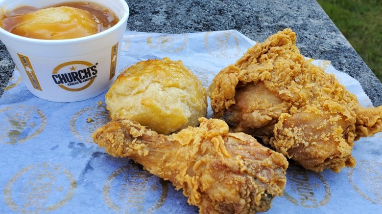 Church's fried chicken with biscuit and mashed potatoes with gravy