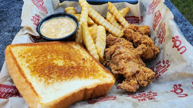 Huey Magoo's chicken tenders, fries, and Texas toast