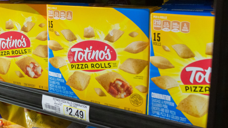 Combination Totino's Pizza Rolls in a grocery store freezer