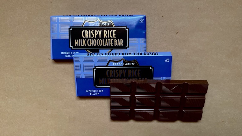 Trader Joe's Crispy Rice Milk Chocolate Bars on brown paper