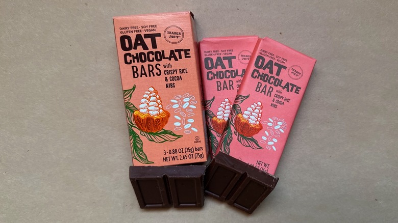 Trader Joe's Oat Chocolate Bars with Crispy Rice & Cocoa Nibs on brown paper