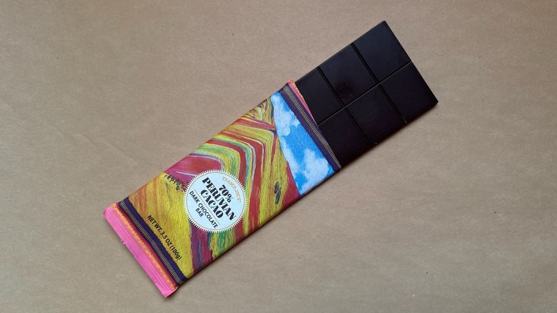 Trader Joe's 70% Peruvian Cacao Dark Chocolate Bar on brown paper
