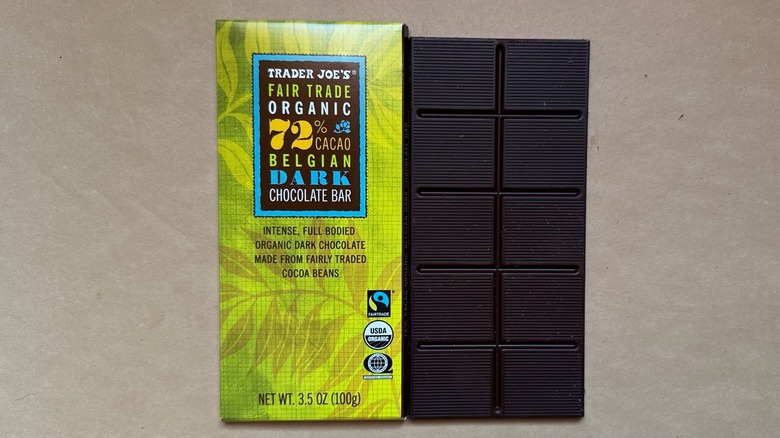 Trader Joe's Fair Trade Organic 72% Cacao Belgian Dark Chocolate Bar on brown paper