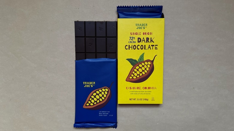 Trader Joe's Single Origin 72% Cacao Dark Chocolate on brown paper