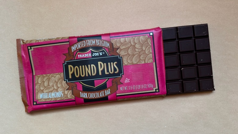Trader Joe's Pound Plus Dark Chocolate Bar with Almonds on brown paper