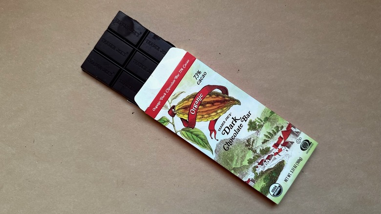Trader Joe's Organic Dark Chocolate Bar 73% Cacao on brown paper
