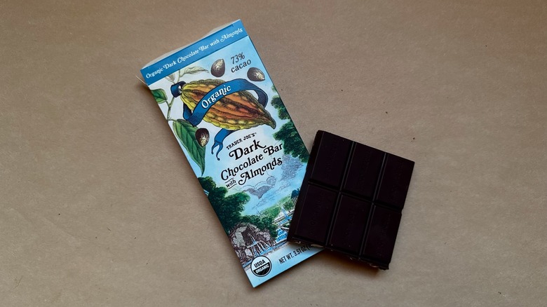 Trader Joe's Organic Dark Chocolate Bar with Almonds on brown paper