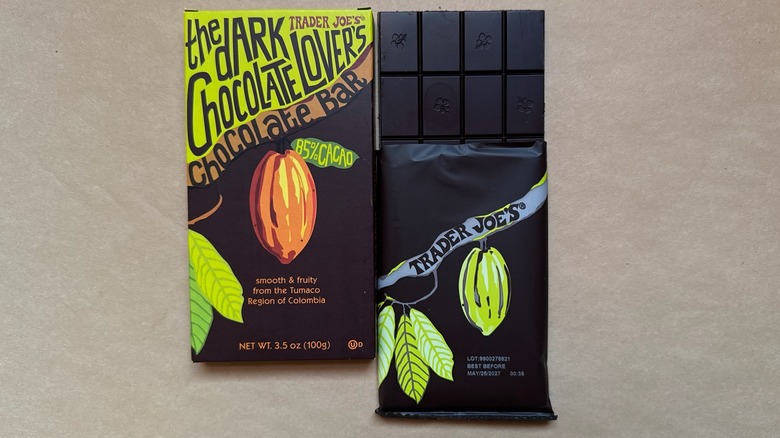 Trader Joe's The Dark Chocolate Lover's Chocolate Bar on brown paper