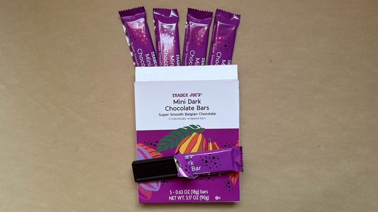 Trader Joe's Mini Dark Chocolate Bars on brown paper