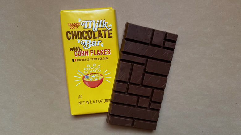Trader Joe's Milk Chocolate Bar with Corn Flakes on brown paper