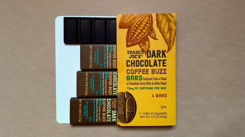 Trader Joe's Dark Chocolate Coffee Buzz Bars on brown paper