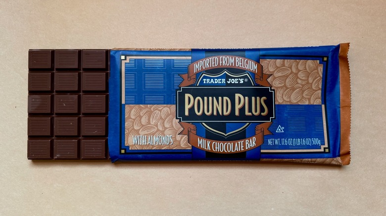 Trader Joe's Pound Plus Milk Chocolate Bar with Almonds on brown paper