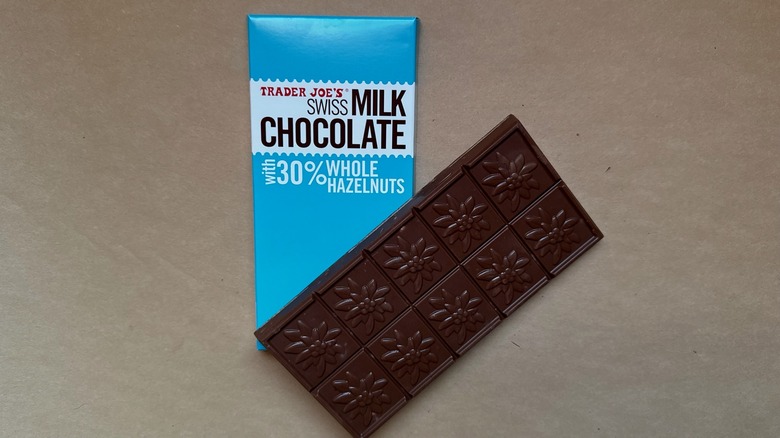 Trader Joe's Swiss Milk Chocolate with 30% Whole Hazelnuts on brown paper