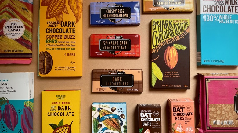 Arrangement of Trader Joe's chocolate bars on brown paper