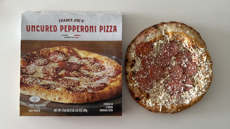 Trader Joe's Uncured Pepperoni Pizza box and frozen pizza
