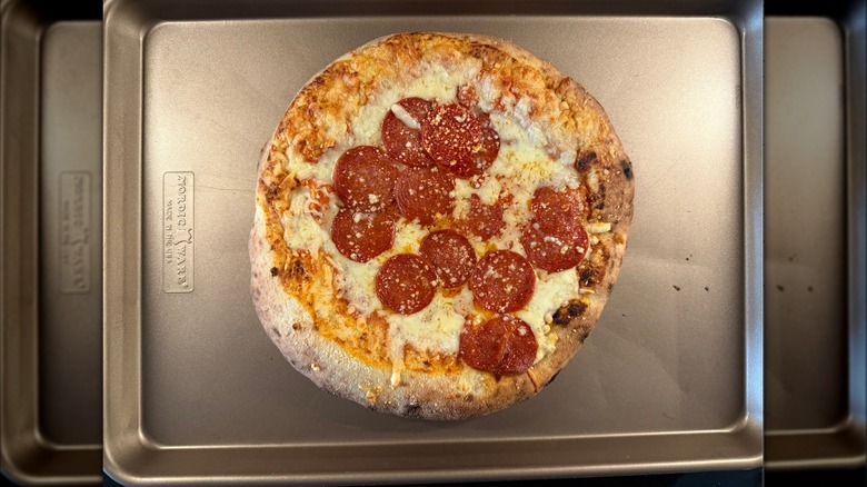 Trader Joe's viral frozen pizza on cooking tray