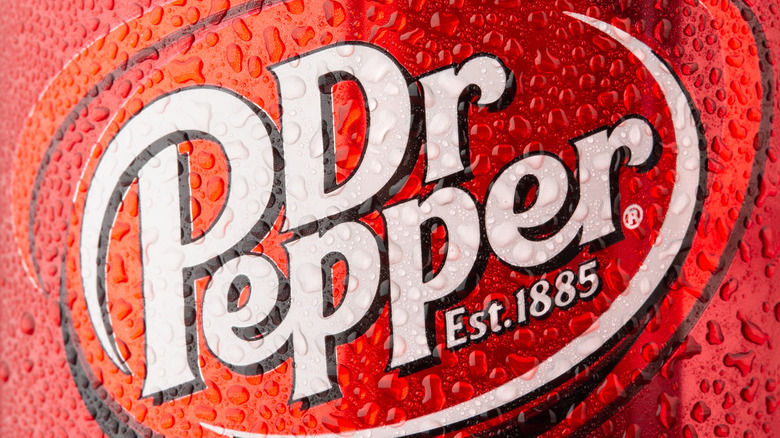 Close up of a sweaty Dr. Pepper logo