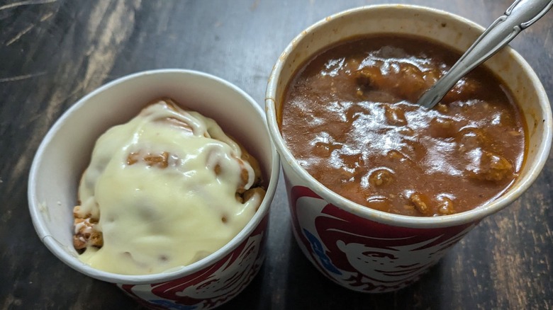 Wendy's Cinnabon Pull-Apart next to a cup of Wendy's chili