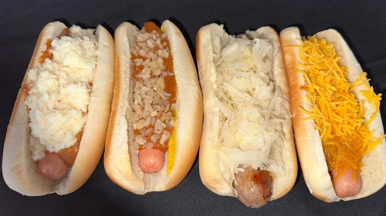 Four different hot dogs served from Stewart's Original Hot Dogs in Huntington, West Virginia