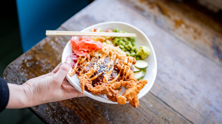 Poke bowl with soft shell crab.
