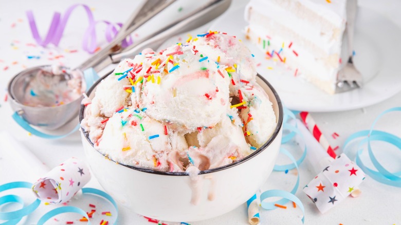 birthday cake ice cream with colorful candy sprinkles