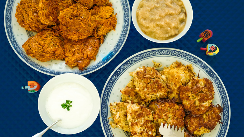 latkes, sour cream, and applesauce