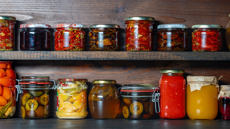 Two rows of glass jars on a shelf, each containing fermenting foods