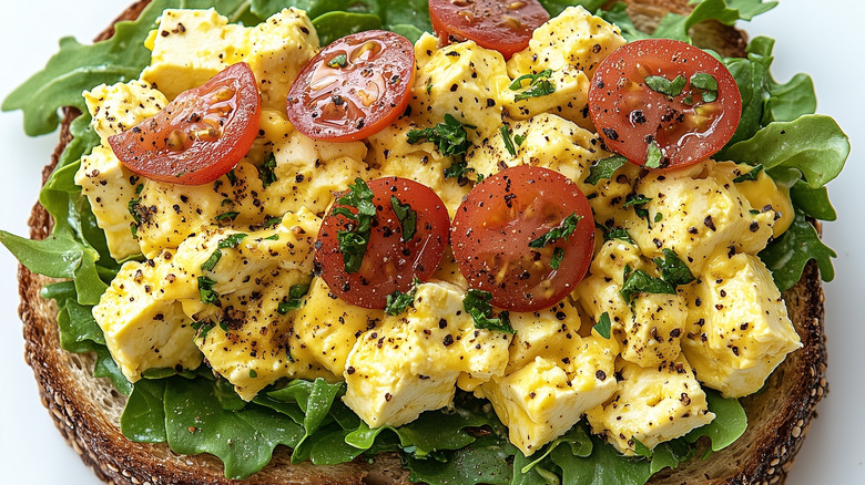 Tofu egg salad with tomatoes on toast
