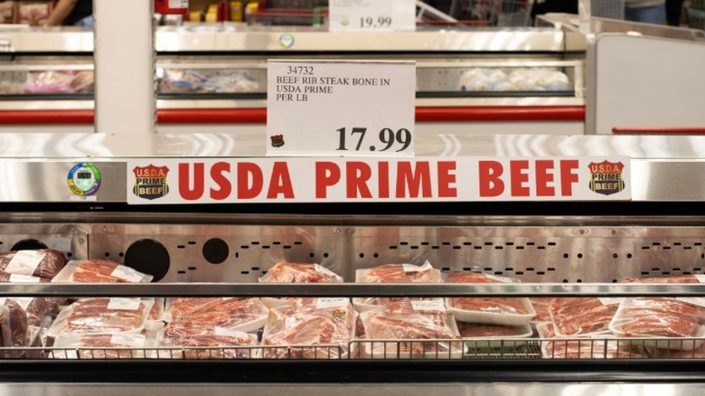 A cooler full of packages of USDA prime beef in Costco.