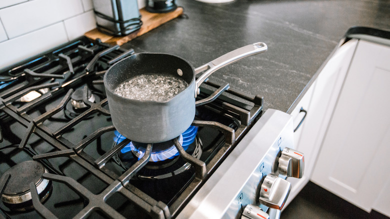 Water reaches a rapid, rolling boil in pot on gas stove