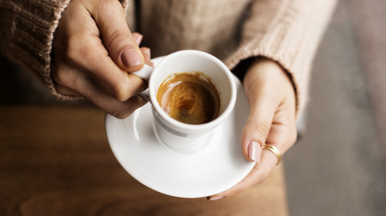 Shot of espresso in white mug