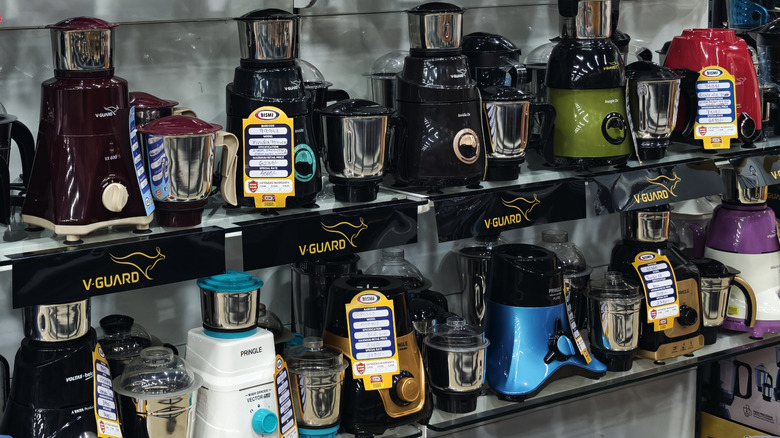 Blenders on display at a kitchen appliance liquidator store