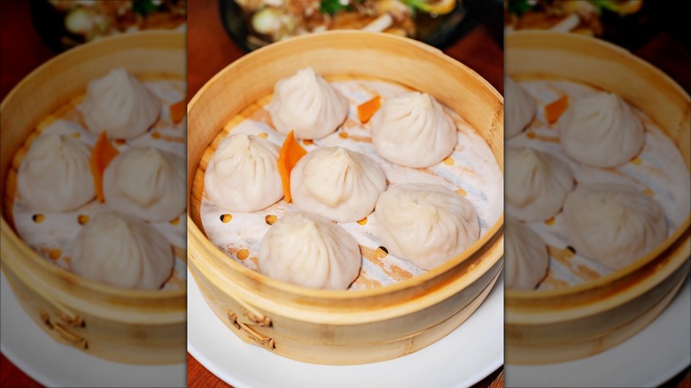 Bamboo basket of freshly made dumplings from Xiao Long Dumplings