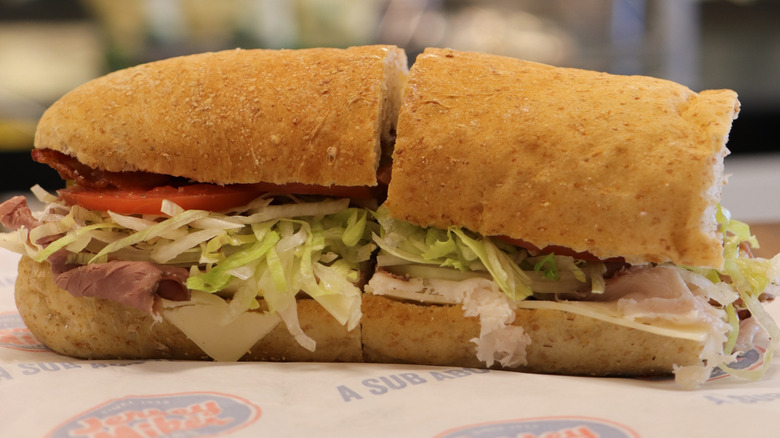 A Jersey Mike's sub on a table