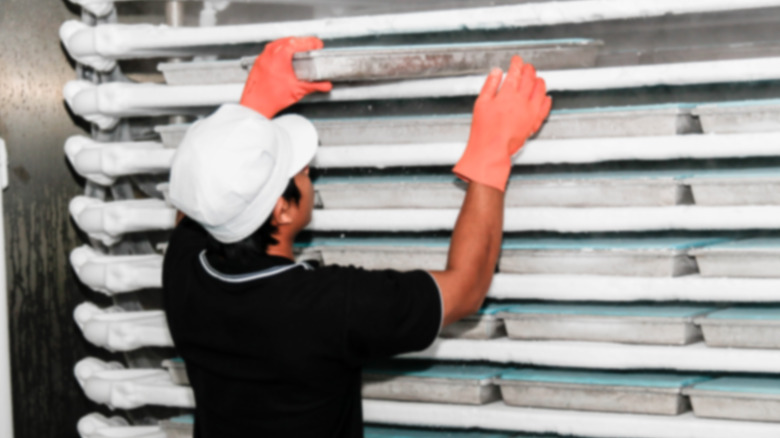 Man working with processed fish