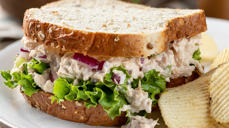 Tuna salad sandwich with red onion on whole grain bread