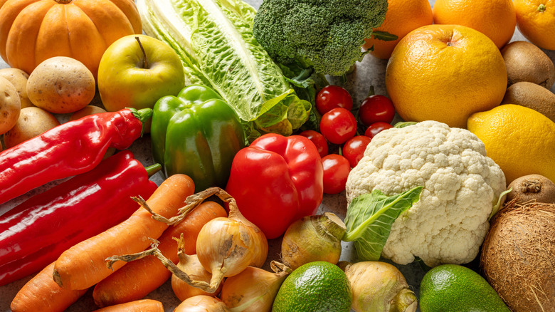 Fresh fruits and vegetables.