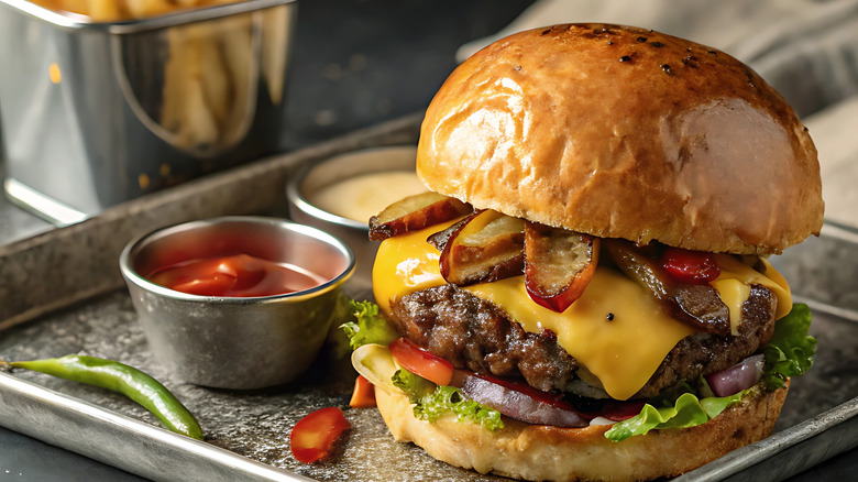 A cheeseburger on a brioche bun, topped with bacon and cheese, lettuce, tomato, and onion