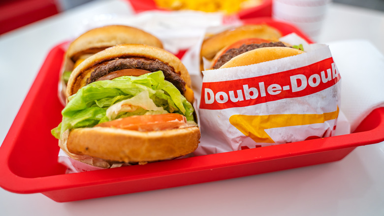 In-N-Out burgers on a red tray