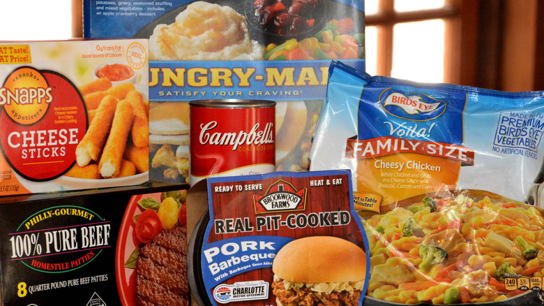 Various frozen foods with window in background