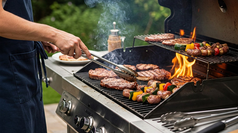 Person in an apron grilling various meats and skewers on a gas grill