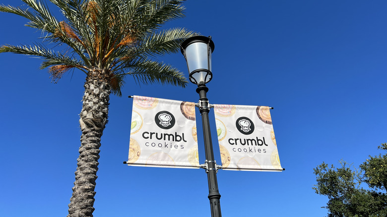 Signpost flags advertising Crumbl cookies next to a palm tree.