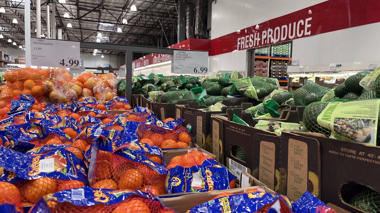 Boxes of mandarins and avocados at Costco.