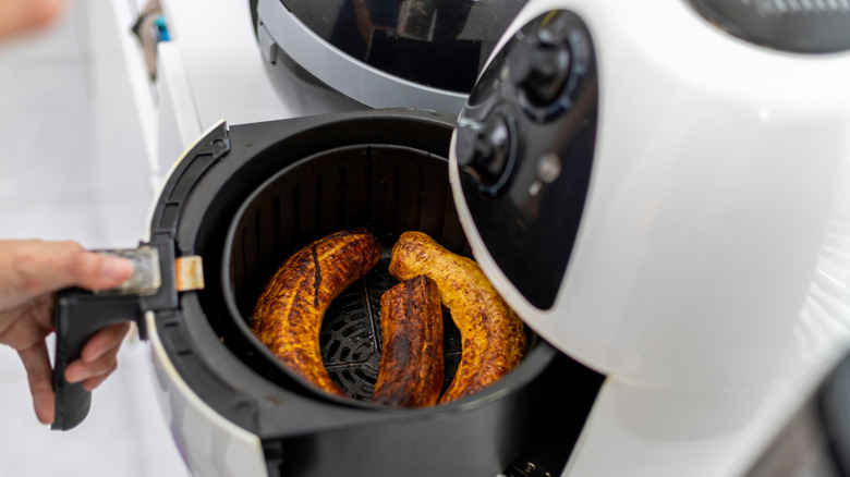 overhead image of air fryer bananas