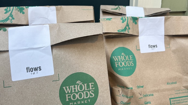 Grocery bags sealed up for delivery from Whole Foods.