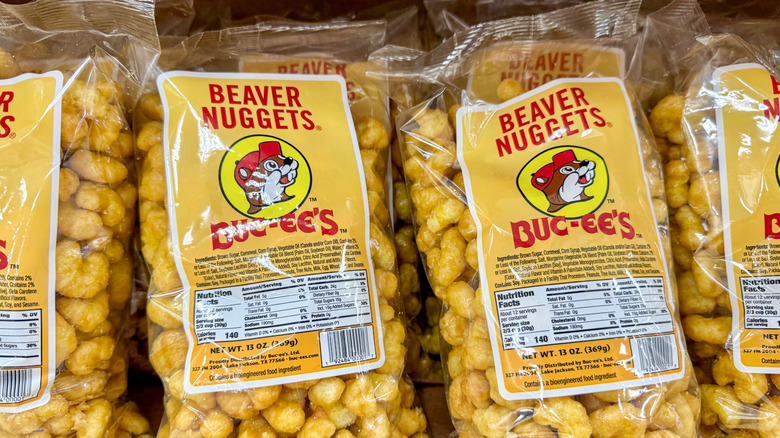Bags of "Beaver nuggets" snacks at Buc-ee's.